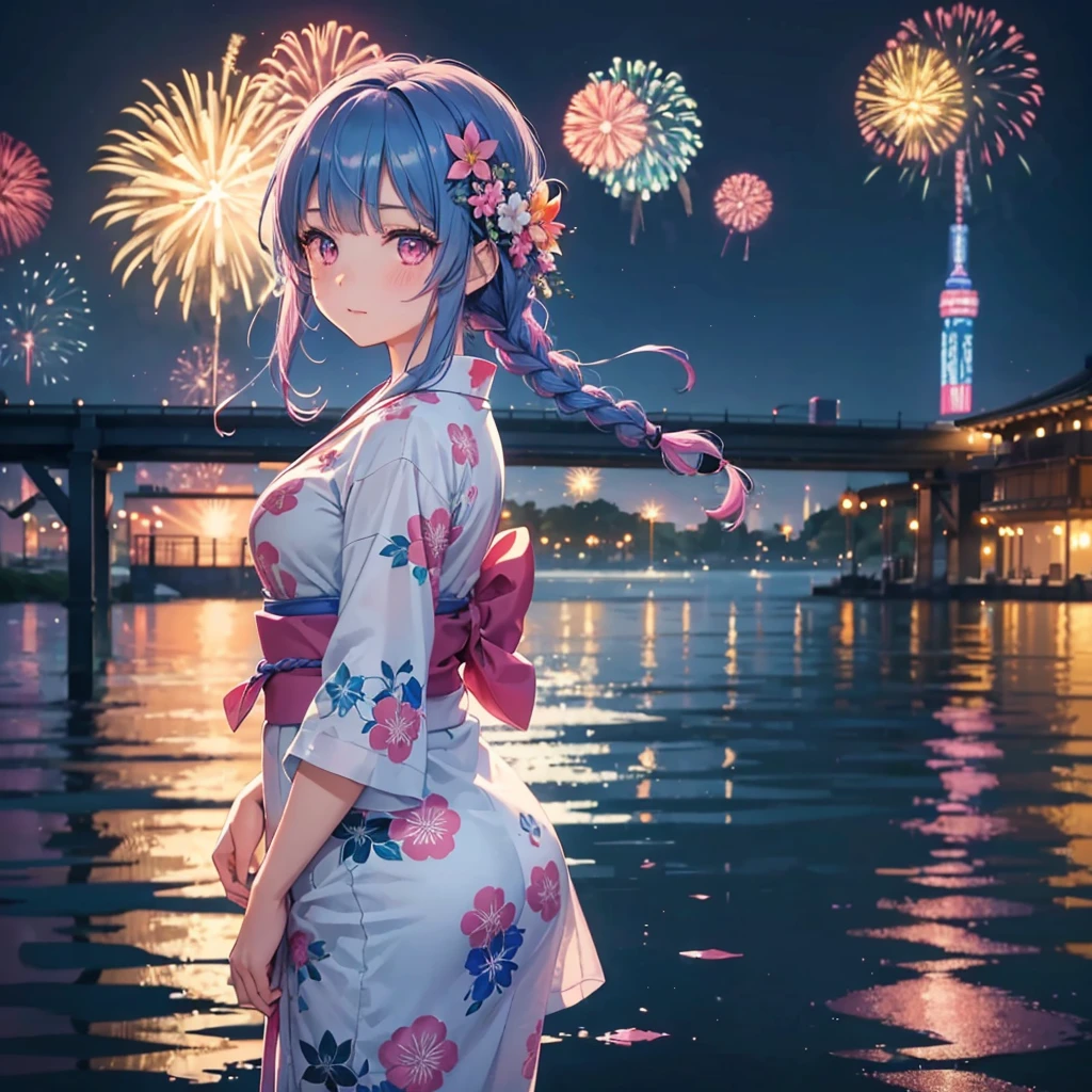 Sky Blue Medium Hair, (Braided hair),(Pink Eyes),Fair skin ,(whole body),(1 girl)、Floral Yukata、summer night、Fireworks on the lake、Big fireworks、Straight bangs,(masterpiece, Highest quality, Very detailed, Best Shadow), (Detailed Background), (Beautifully detailed face), High Contrast, (Best lighting, Very delicate and beautiful), ((Cinematic Light)), colorful, Hyper Detail 8k, Dramatic Light, Intricate details,Fireworks light reflected on the water
