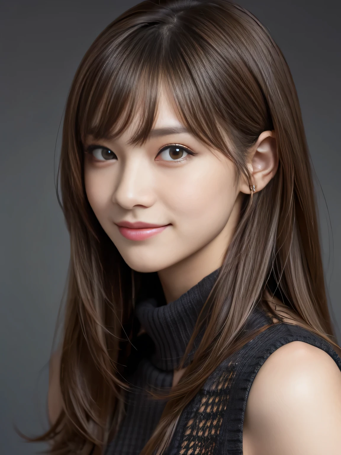 masterpiece, best quality, ultra-detailed, intricately detailed hyperdetailed, realistic, sharp features, highly detailed, sharp focus, Realistic, Photorealistic:1.3, (17 years old:1.3), perfect face, perfect symmetrically eyes, perfect full lips, hyper detailed, hyper realistic, high resolution, Fashion Model, Japanese Idol, Slender, brown hair, Stylish, model poses, Beautiful Face, light brown hair, messy hair, asymmetrical bangs, (grin:1.2), (looking at viewer), cinematic lighting, grey background, (Black knit:1.2), portrait