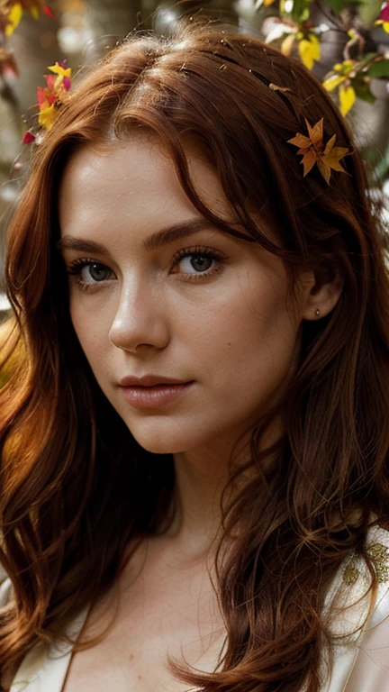Close-up portrait of a woman with red hair styled in loose waves, her green eyes highlighted by autumn leaves. She is dressed in an elegant gown in shades of burnt orange and brown. A crown of fall foliage adorns her head. She stands against a backdrop of a forest in autumn, with leaves of red, orange, and yellow. Her expression is thoughtful, matching the reflective mood of the season.