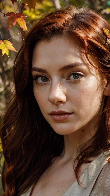 Close-up portrait of a woman with red hair styled in loose waves, her green eyes highlighted by autumn leaves. She is dressed in an elegant gown in shades of burnt orange and brown. A crown of fall foliage adorns her head. She stands against a backdrop of a forest in autumn, with leaves of red, orange, and yellow. Her expression is thoughtful, matching the reflective mood of the season.