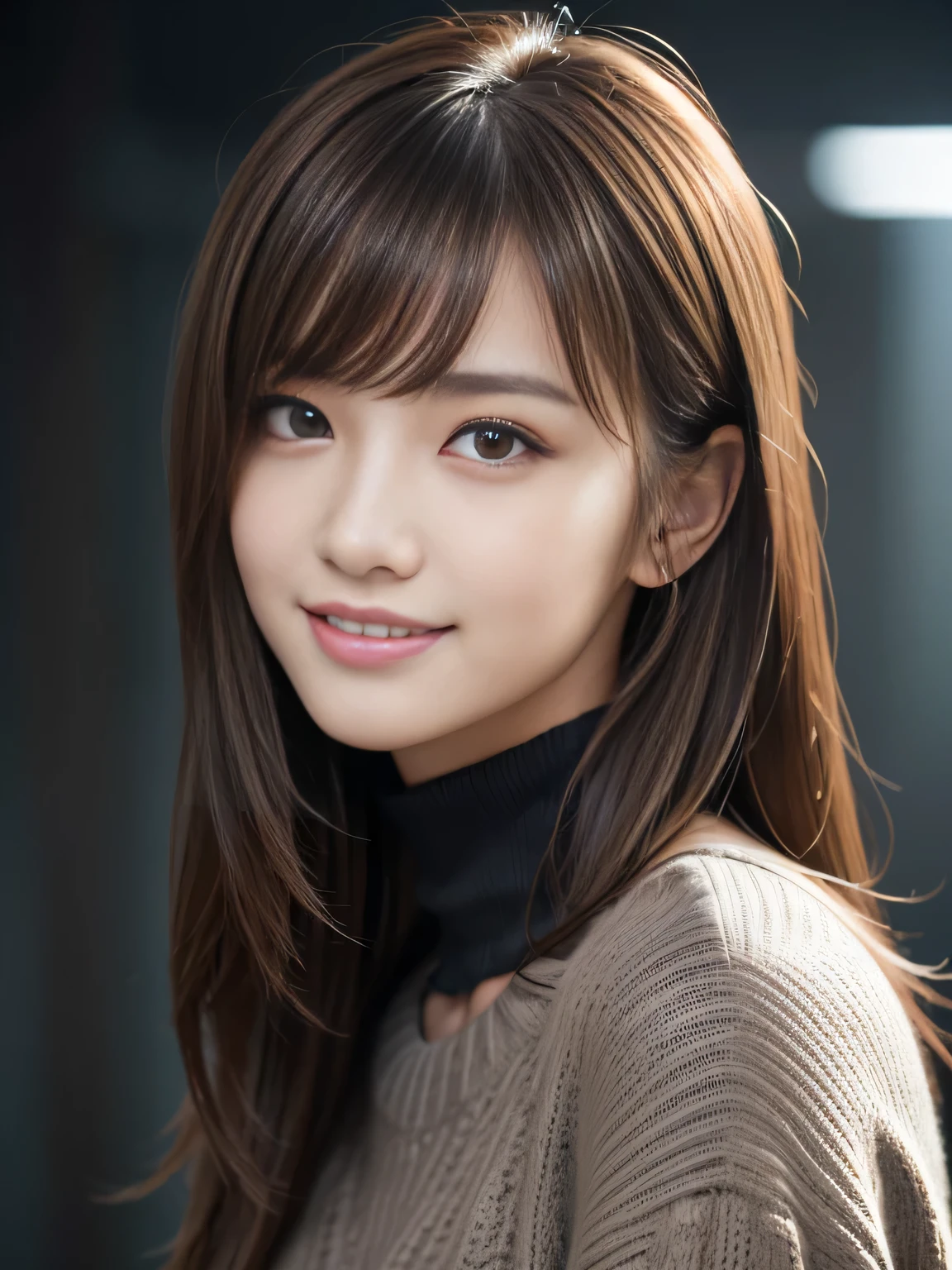 masterpiece, best quality, ultra-detailed, intricately detailed hyperdetailed, realistic, sharp features, highly detailed, sharp focus, Realistic, Photorealistic:1.3, (:1.3), perfect face, perfect symmetrically eyes, perfect full lips, hyper detailed, hyper realistic, high resolution, Fashion Model, Japanese Idol, Slender, brown hair, Stylish, model poses, Beautiful Face, light brown hair, messy hair, asymmetrical bangs, (grin:1.2), (looking at viewer), cinematic lighting, grey background, (Black knit:1.2), portrait