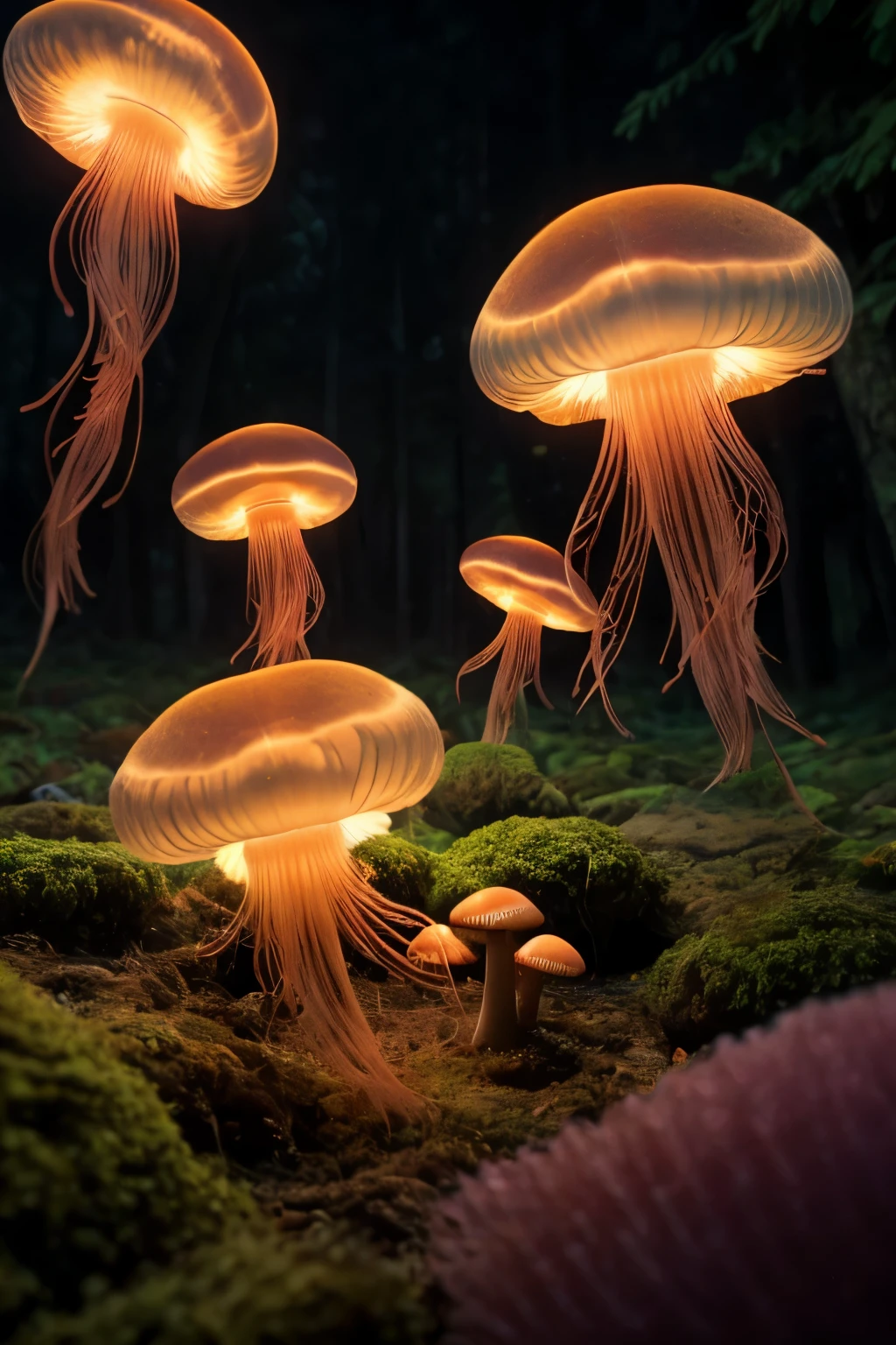 lots of small jellyfish forest with mushrooms glowing in the dark, a forest fantasy in a nature scenery, lots of small jellyfish
