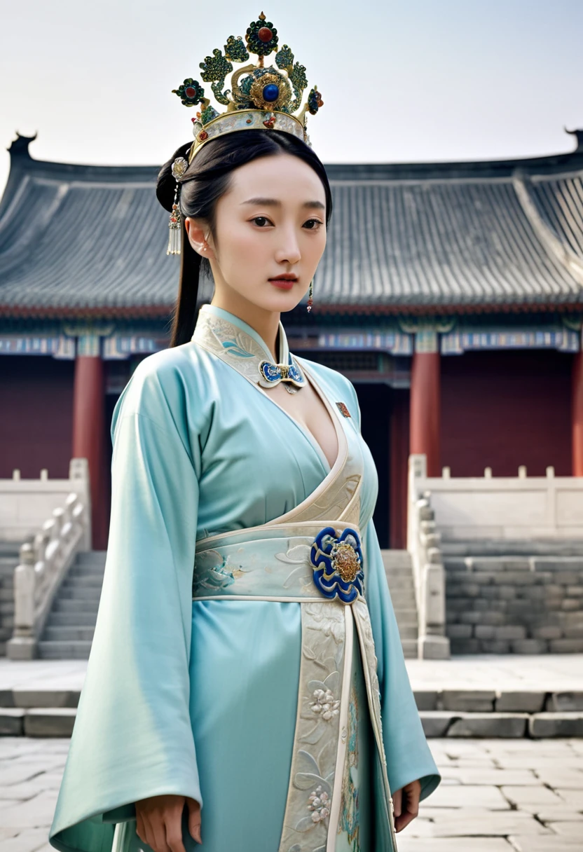 Chinese actress Zhou Xun in The Legend of Ruyi(Zhou Xun)Similar face seen from the front of the Qing Dynasty standing full body empress with big breasts, belly and hairy pussy
Nude without underwear, hairstyle, Chinese empress wearing large crown, outside the palace of the Qing Dynasty, stone paving