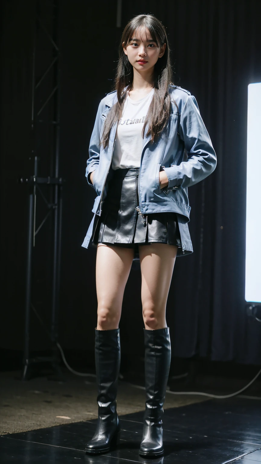 (8k、RAW Photos、Highest quality、masterpiece:1.2)、(Realistic、Realistic)、1 Girl、((Light blue and black leather jacket、mini skirt、Dark Stage、Exposed Skin、Medium Hair、whole body、boots、View from the front、Looking at the camera、Stand with hands on hips))、cute