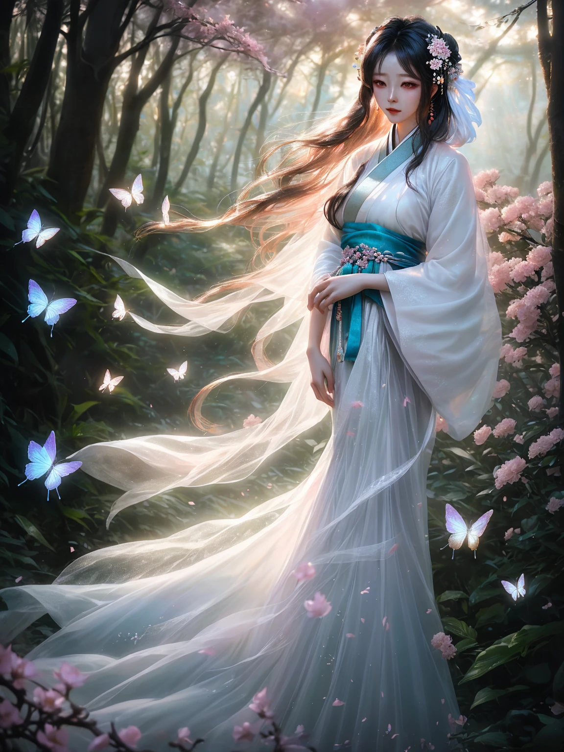  A beautiful woman in a flowing white Hanfu,
standing in a ethereal forest, surrounded by
glowing flowers and butterflies, soft focus,
cinematic lighting, hyperrealistic, 8k resolution