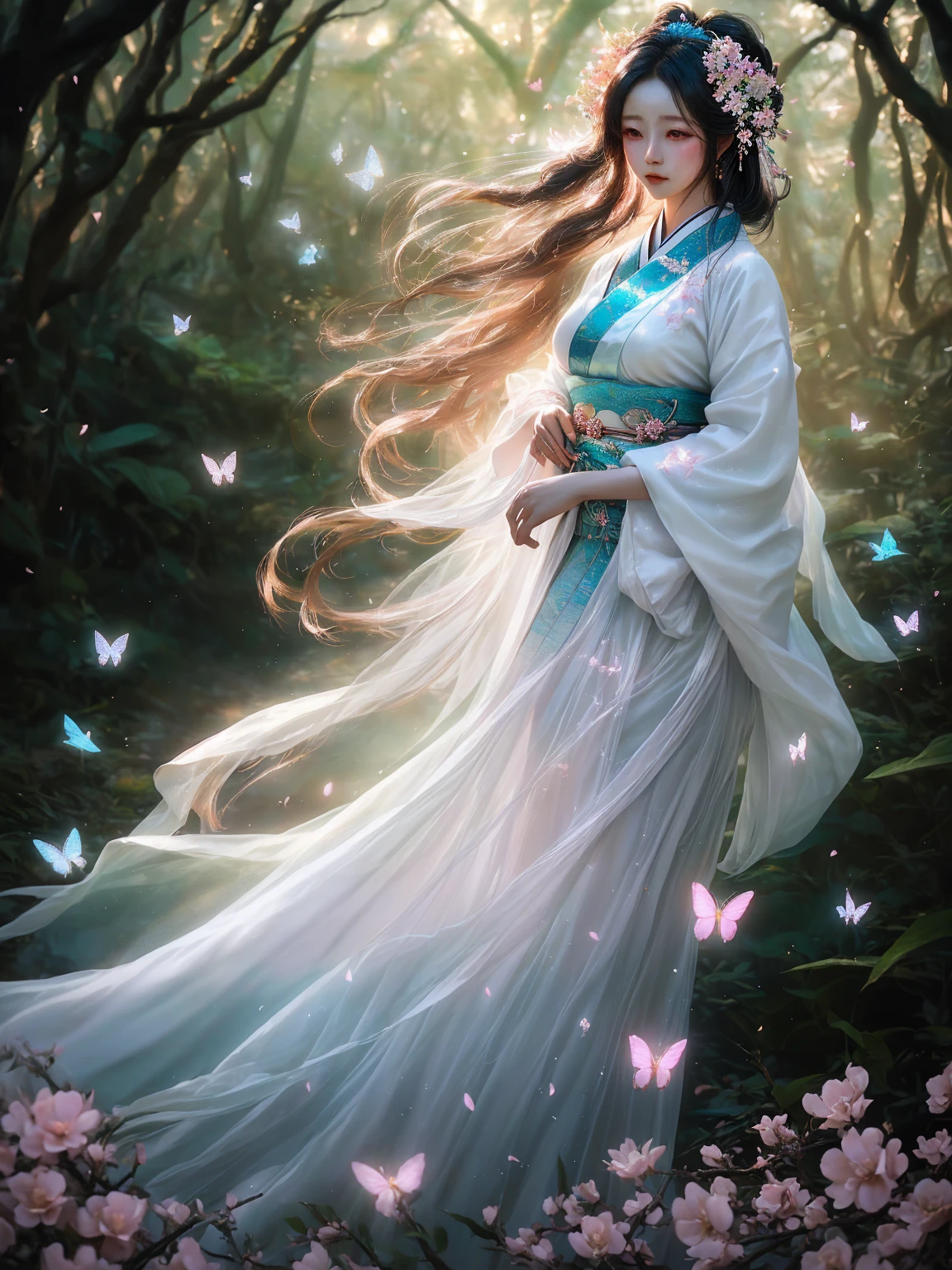  A beautiful woman in a flowing white Hanfu,
standing in a ethereal forest, surrounded by
glowing flowers and butterflies, soft focus,
cinematic lighting, hyperrealistic, 8k resolution