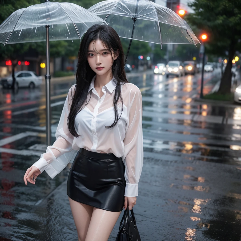 Hair getting wet in the rain、Transparent shirt、Beautiful woman getting wet in the rain、typhoon、Get wet without an umbrella、Beautiful woman in the rain、雨で濡れたBeautyOL、Detailed face、Realistic、beautiful girl、Beauty、Office Lady Uniform、beauty、Beautiful woman、Narrow waist、Handsome woman、suit、Sexy pose、Tight skirt、雨で濡れたsuit、Wet shirt、See-through shirt、Shot in heavy rain、See-through underwear
