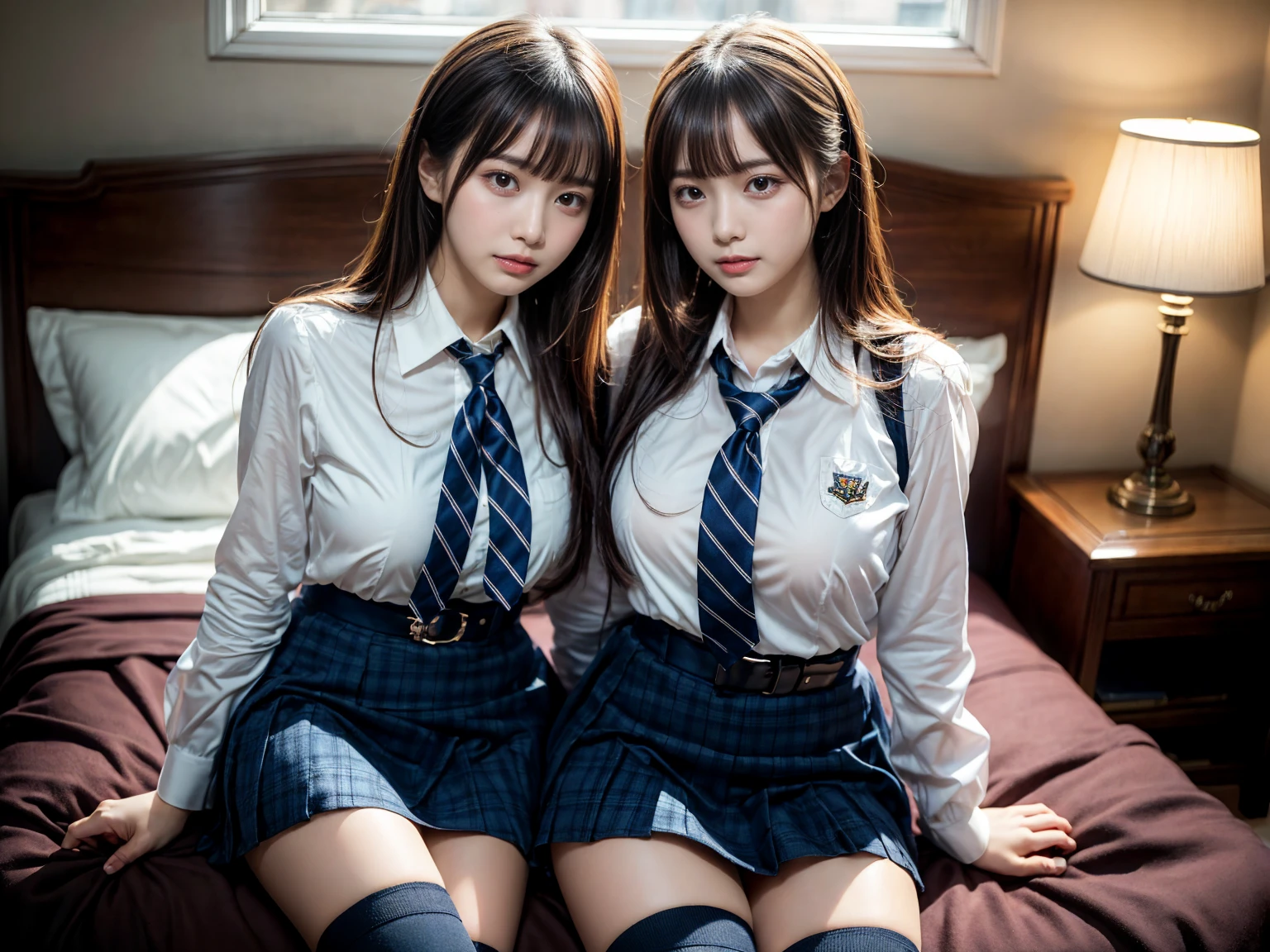(8K, Raw photography, top-quality, masterpiece:1.2), master piece, best quality, illustration, Super detailed, fine details, High resolution, 8K,wall paper, perfect dynamic composition,(Details High quality, realistic depiction of eyes:1.3), ((2 girls, 2 schoolgirls)), The background is a luxury hotel room、High school girl uniform、Super Short Check Uniform Skirt、Navy blue high socks、garterbelts、Colossal tits、Disturbed uniform, Play with each other,Touching each other's bodies,Touching the body of the girl next door, short bob hair, black hair color, huge breasts, Big Natural Color Lip, bold sexy pose, (perfect body shape), crying a little、cold gaze, Beautiful makeup,glitter makeup,Cutest 18 years old, beautiful legs, hposing Gravure Idol, Voluptuous thighs