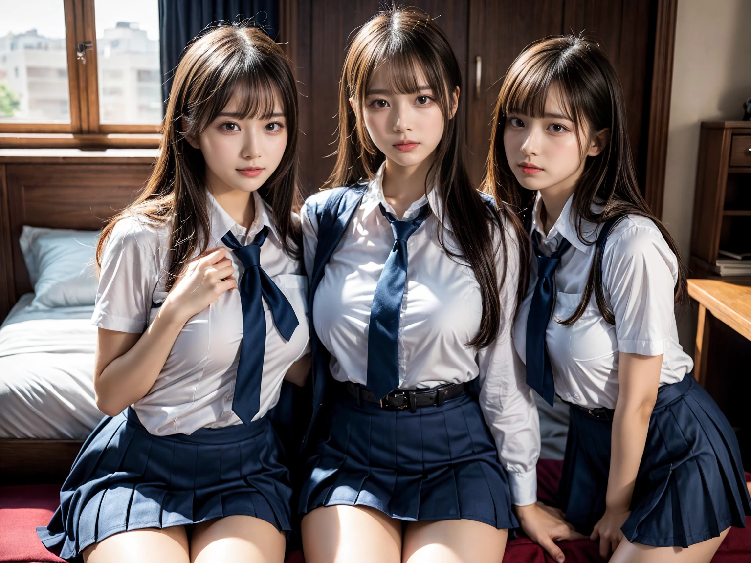 (8K, Raw photography, top-quality, ​masterpiece:1.2), master piece, best quality, illustration, Super detailed, fine details, High resolution, 8K,wall paper, perfect dynamic composition,(Details High quality, realistic depiction of eyes:1.3), ((2 girls, 2 schoolgirls)), The background is a luxury hotel room、High school girl uniform、Super Short Check Uniform Skirt、Navy blue high socks、garterbelts、Colossal tits、Disturbed uniform, Play with each other,Touching each other's bodies,Touching the body of the girl next door, short bob hair, black hair color, huge breasts, Big Natural Color Lip, bold sexy pose, (perfect body shape), crying a little、cold gaze,  Beautiful makeup,glitter makeup,Cutest 18 years old, beautiful legs, hposing Gravure Idol, Voluptuous thighs