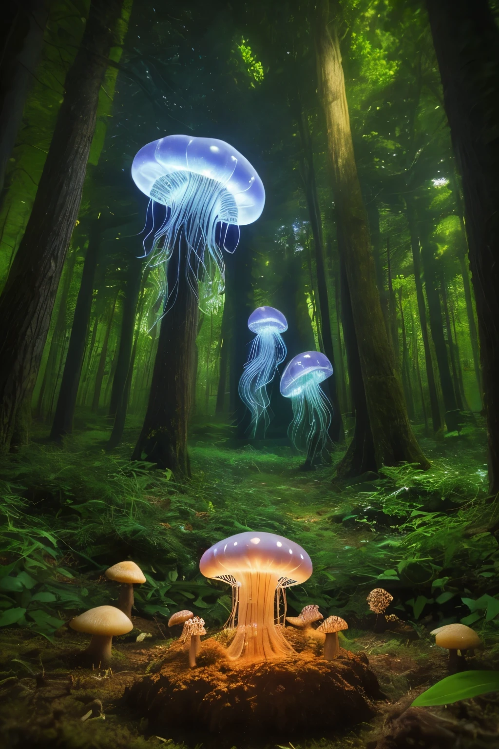 lots of small jellyfish forest with mushrooms glowing in the dark, a forest fantasy in a nature scenery, lots of small jellyfish