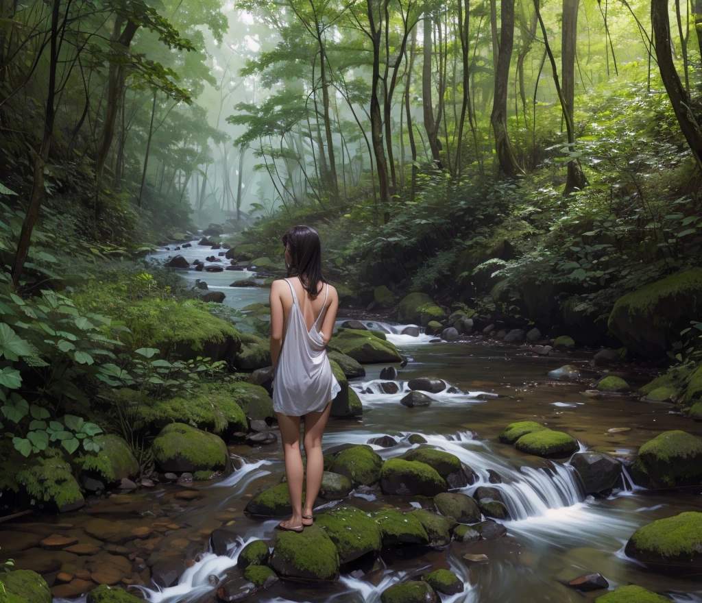 Girl back，In the quiet forest，Creek next to it，Foggy