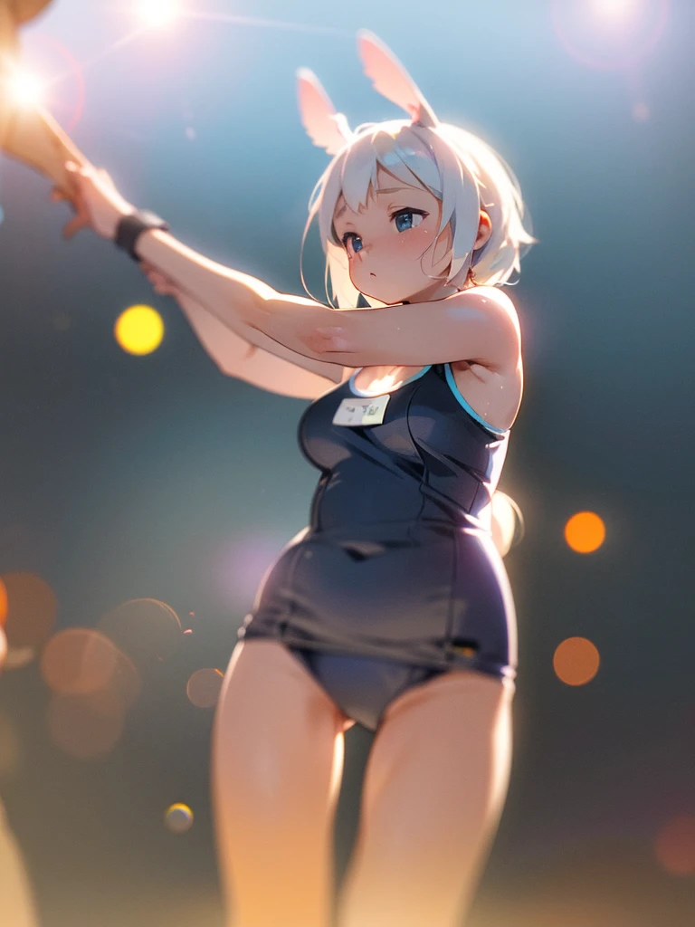 (Sumilux f1.4 50mm , low Latitude old color negative film , cross process , bokeh, flare, chromatic aberration , soft focus, (Shallow focus) , soft glow , Maximum aperture, high Key , Transparent depiction) , bunny girl , Muscular, short , school swimsuit