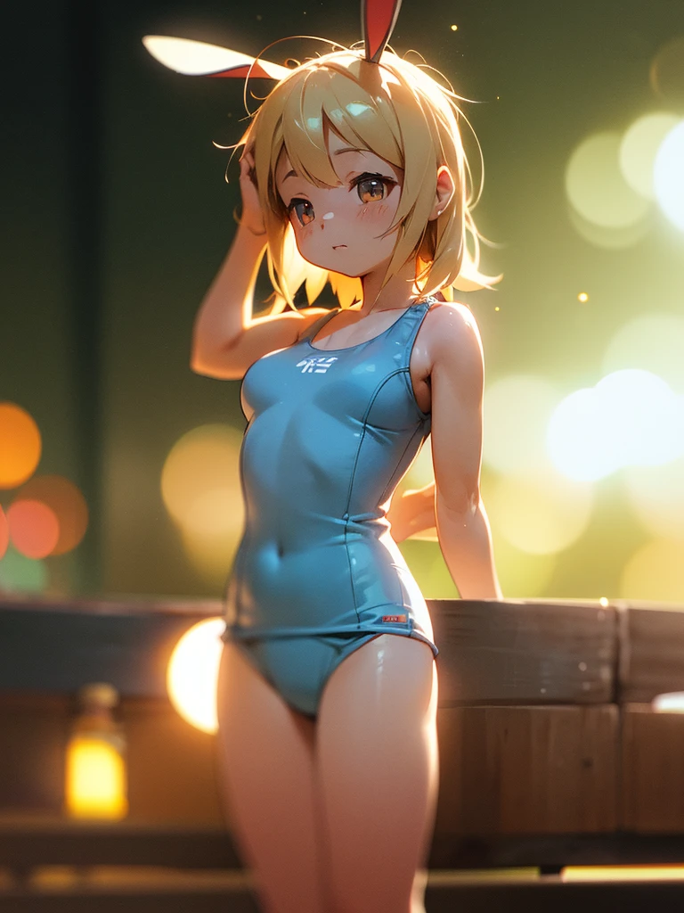 (Sumilux f1.4 50mm , low Latitude old color negative film , cross process , bokeh, flare, chromatic aberration , soft focus, (Shallow focus) , soft glow , Maximum aperture, high Key , Transparent depiction) , bunny girl , Muscular, short , school swimsuit