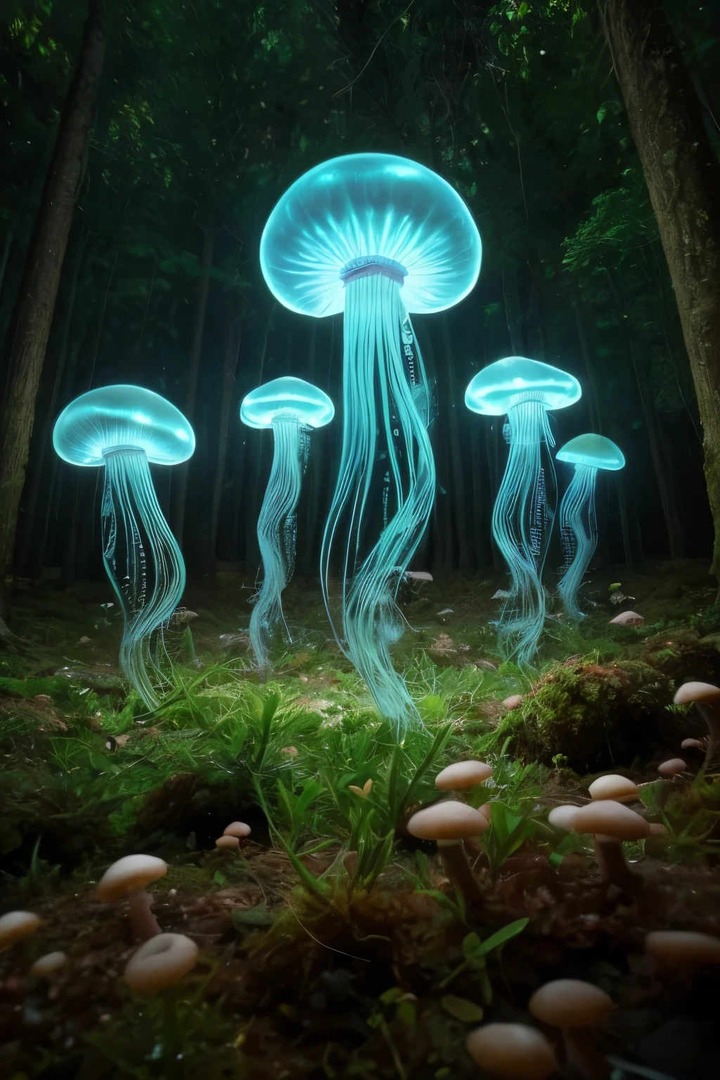 lots of small jellyfish forest with mushrooms glowing in the dark, a forest fantasy in a nature scenery, lots of small jellyfish