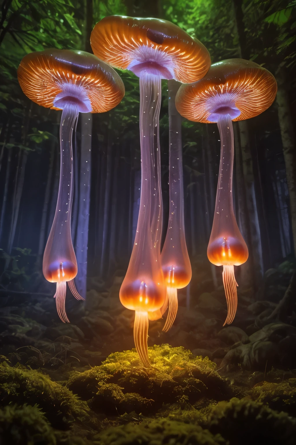 lots of small jellyfish forest with mushrooms glowing in the dark, a forest fantasy in a nature scenery, lots of small jellyfish