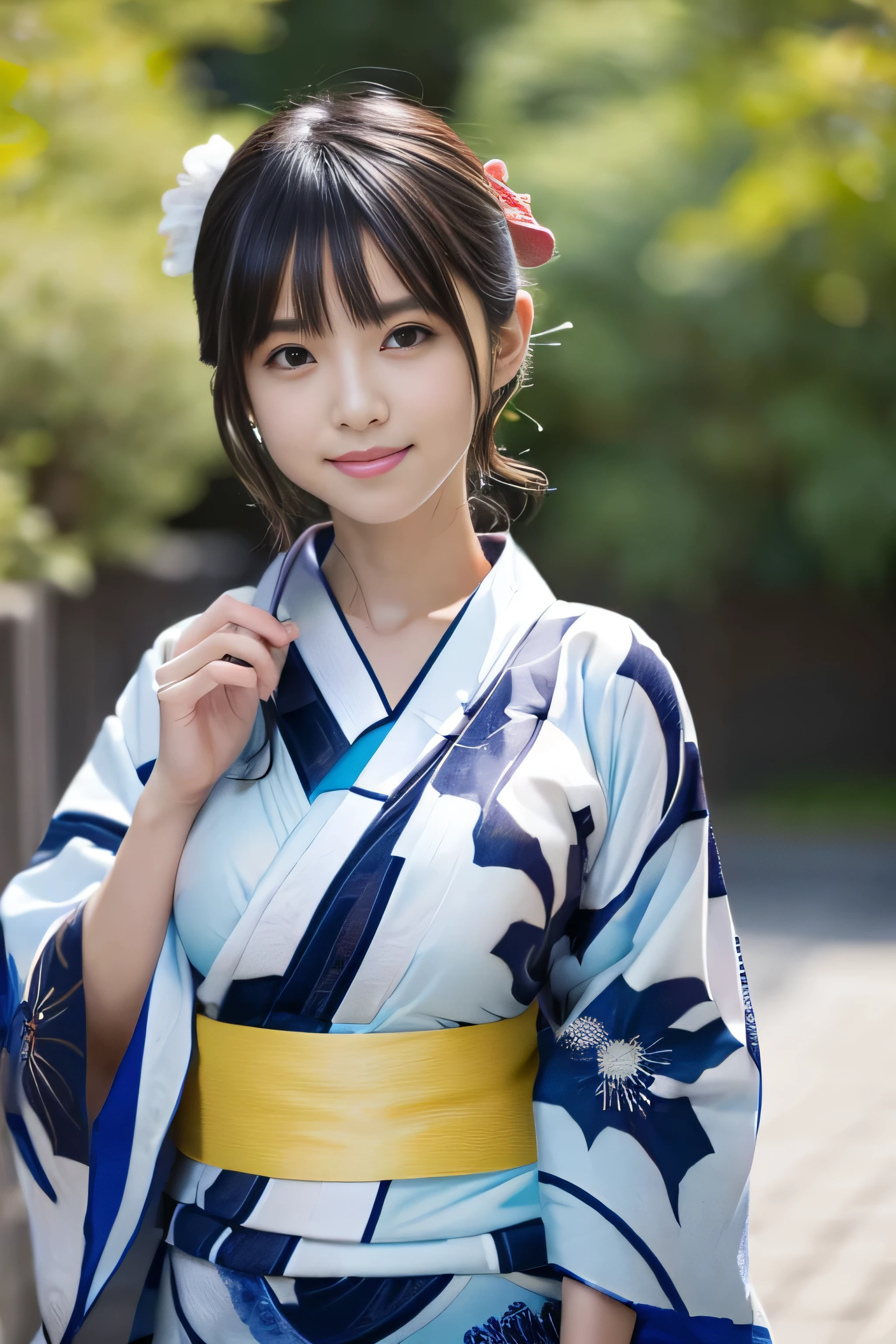 ((A thin yukata:1.4))、((14 years old))、Random Pause、(Highest quality,masterpiece:1.3,Ultra-high resolution,),(Very detailedな,Caustics),(Photorealistic:1.4,RAW shooting,)Ultra-Realistic Capture,Very detailed,High resolution 16K human skin closeup、 Natural skin texture、、Skin tone is even and healthy looking、 Use natural light and colour,1 girl,Japanese,cute,Black-haired,Medium Hair,(Big Breasts:1.4),smile,,(Written boundary depth、chromatic aberration、、Wide range of lighting、Natural Shading、)、(Kimono with open front), Holding a Japanese fan,