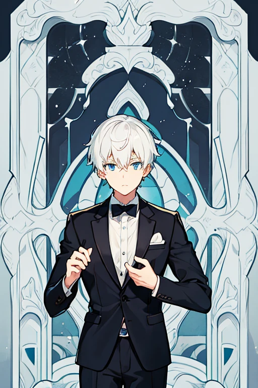 man, high, short white hair, blue eyes, black suit, very formal, funeral service assistant 