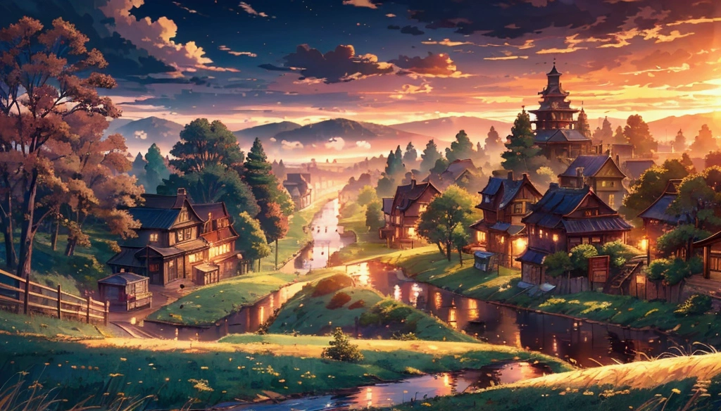 ​masterpiece, top-quality, depth of fields, high details, 8K, old town scene, lots of wooden houses, grass land, road to the town, clouds, sunset, trees, anime style