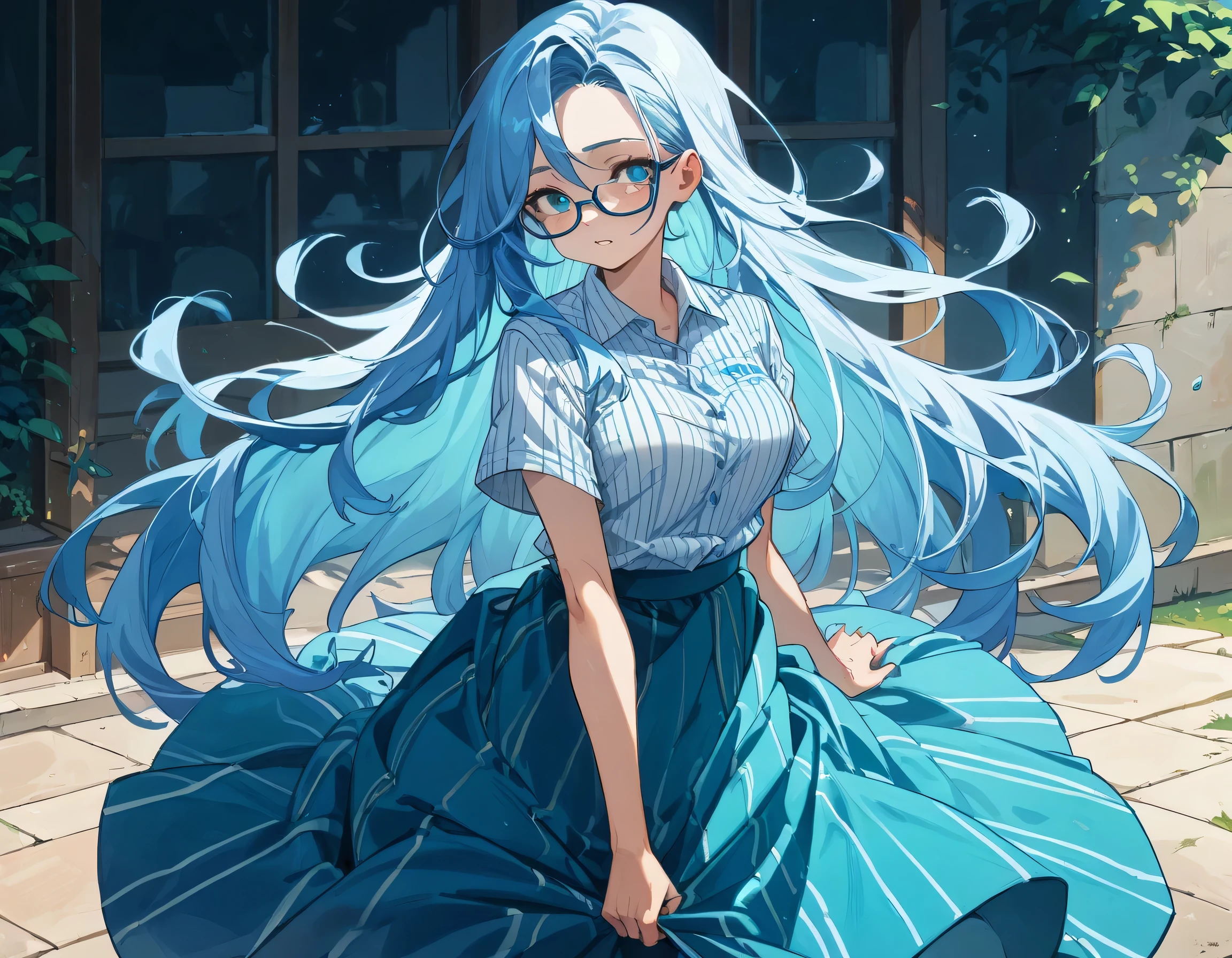 sticking to shirt、Her breasts are visible through her blue and white checked shirt、Blue flared long skirt、Lifting her skirt to reveal blue and white stripes々Show off cute underwear、Long haired girl wearing glasses