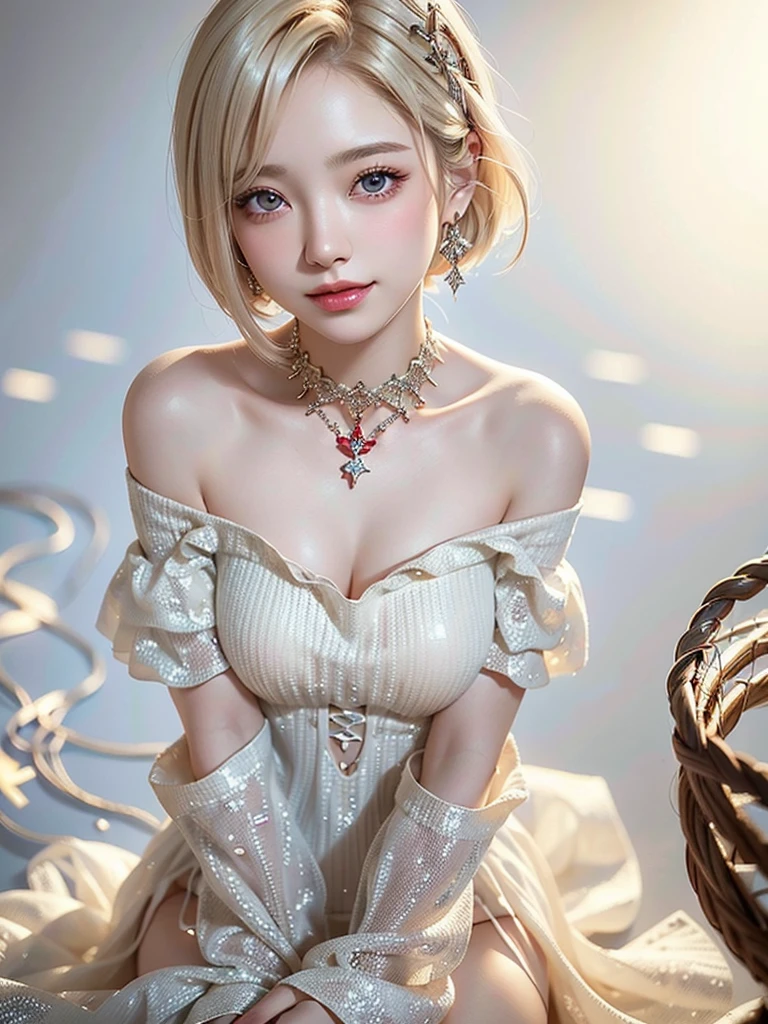 8k,Confused, High resolution, Very detailed, 1 girl, alone, Very beautiful eyes, Ultra-precise depiction, artistic、Very detailed depiction, (Tangled:1.2), , (White high key background:1.5), (((Red off-shoulder dress 1.5))), 、 short hair、Earrings and Necklaces、Platinum Blonde Hair, (Glowing Skin), Many colors, , (Shooting from above:1.2),、Flat Body、slim、cute、、Round face、Cast a Shadow、、Smile 1.3