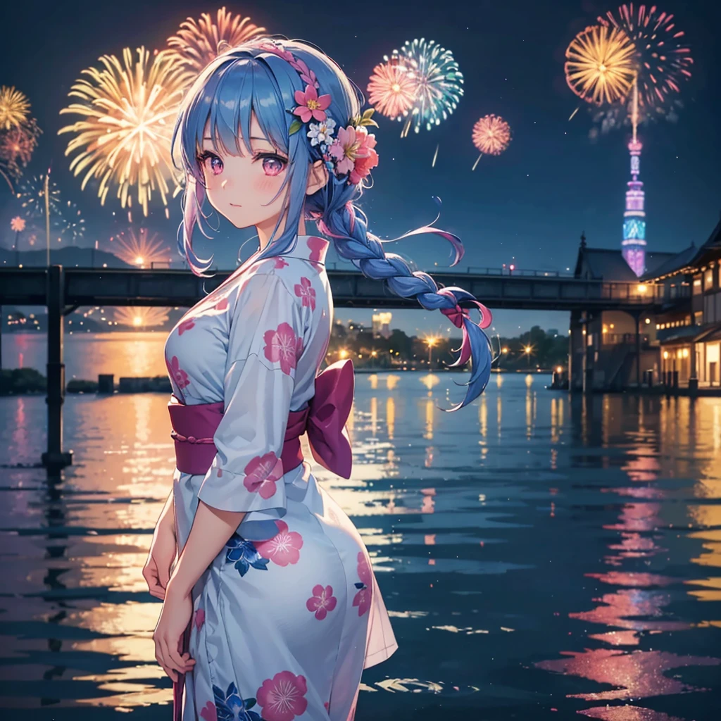 Sky Blue Medium Hair, (Braided hair),(Pink Eyes),Fair skin ,(whole body),(1 girl)、Floral Yukata、summer night、Fireworks on the lake、Big fireworks、Straight bangs,(masterpiece, Highest quality, Very detailed, Best Shadow), (Detailed Background), (Beautifully detailed face), High Contrast, (Best lighting, Very delicate and beautiful), ((Cinematic Light)), colorful, Hyper Detail 8k, Dramatic Light, Intricate details,Fireworks light reflected on the water