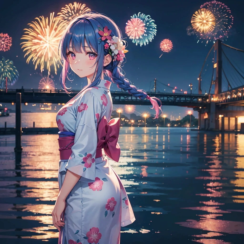 Sky Blue Medium Hair, (Braided hair),(Pink Eyes),Fair skin ,(whole body),(1 girl)、Floral Yukata、summer night、Fireworks on the lake、Big fireworks、Straight bangs,(masterpiece, Highest quality, Very detailed, Best Shadow), (Detailed Background), (Beautifully detailed face), High Contrast, (Best lighting, Very delicate and beautiful), ((Cinematic Light)), colorful, Hyper Detail 8k, Dramatic Light, Intricate details,Fireworks light reflected on the water