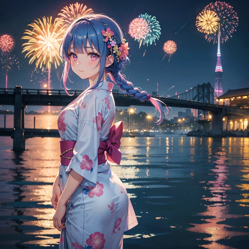 Sky Blue Medium Hair, (Braided hair),(Pink Eyes),Fair skin ,(whole body),(1 girl)、Floral Yukata、summer night、Fireworks on the lake、Big fireworks、Straight bangs,(masterpiece, Highest quality, Very detailed, Best Shadow), (Detailed Background), (Beautifully detailed face), High Contrast, (Best lighting, Very delicate and beautiful), ((Cinematic Light)), colorful, Hyper Detail 8k, Dramatic Light, Intricate details,Fireworks light reflected on the water