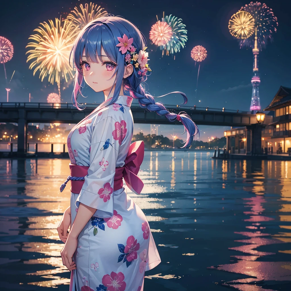 Sky Blue Medium Hair, (Braided hair),(Pink Eyes),Fair skin ,(whole body),(1 girl)、Floral Yukata、summer night、Fireworks on the lake、Big fireworks、Straight bangs,(masterpiece, Highest quality, Very detailed, Best Shadow), (Detailed Background), (Beautifully detailed face), High Contrast, (Best lighting, Very delicate and beautiful), ((Cinematic Light)), colorful, Hyper Detail 8k, Dramatic Light, Intricate details,Fireworks light reflected on the water