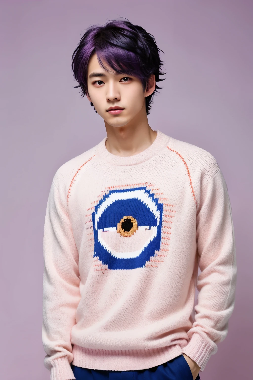 anime Male , Cute,Anime korean, two eye color blue and gold, He wear white sweater, Facing to the left, Look out, pinkish purple hair, Magic background, Masterpiece, resolutions,anime ,8 k.