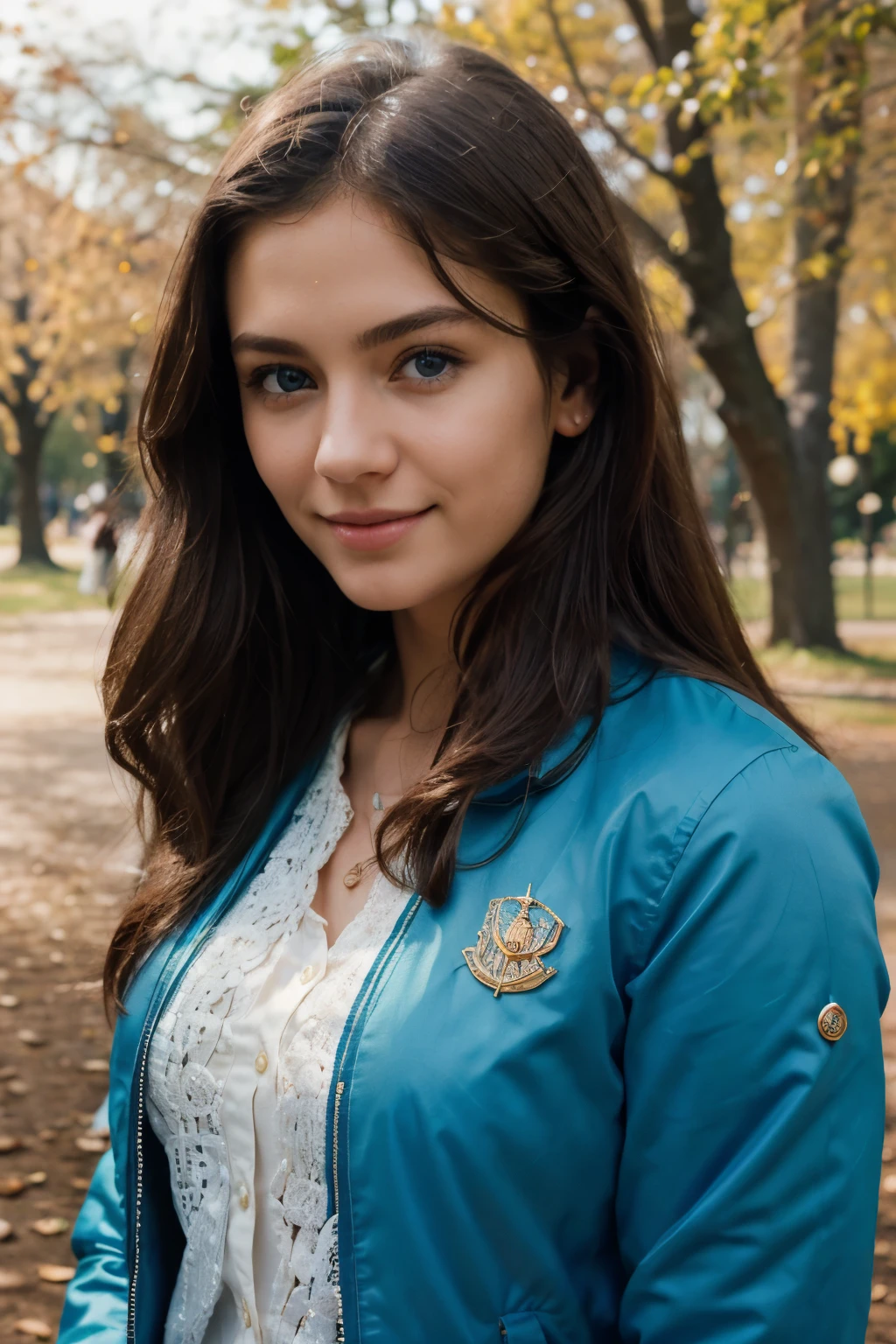 masterpiece, Best Quality, 1 girl, beautiful, GOOD, delicate, extremely intricate, detailed, by rubio, jacket, blue eyes, ((masterpiece)), extremely detailed, Best Quality, High resolution, ((in a park)), Brigid, smile,  