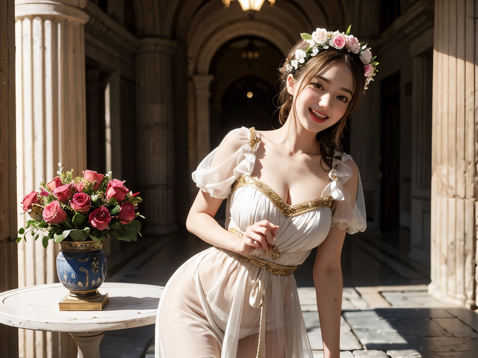roses in vase、fruit、cute ornaments、laugh、ancient greek costumes、Woman standing in ancient Roman ruins ,A big laughare skin,
