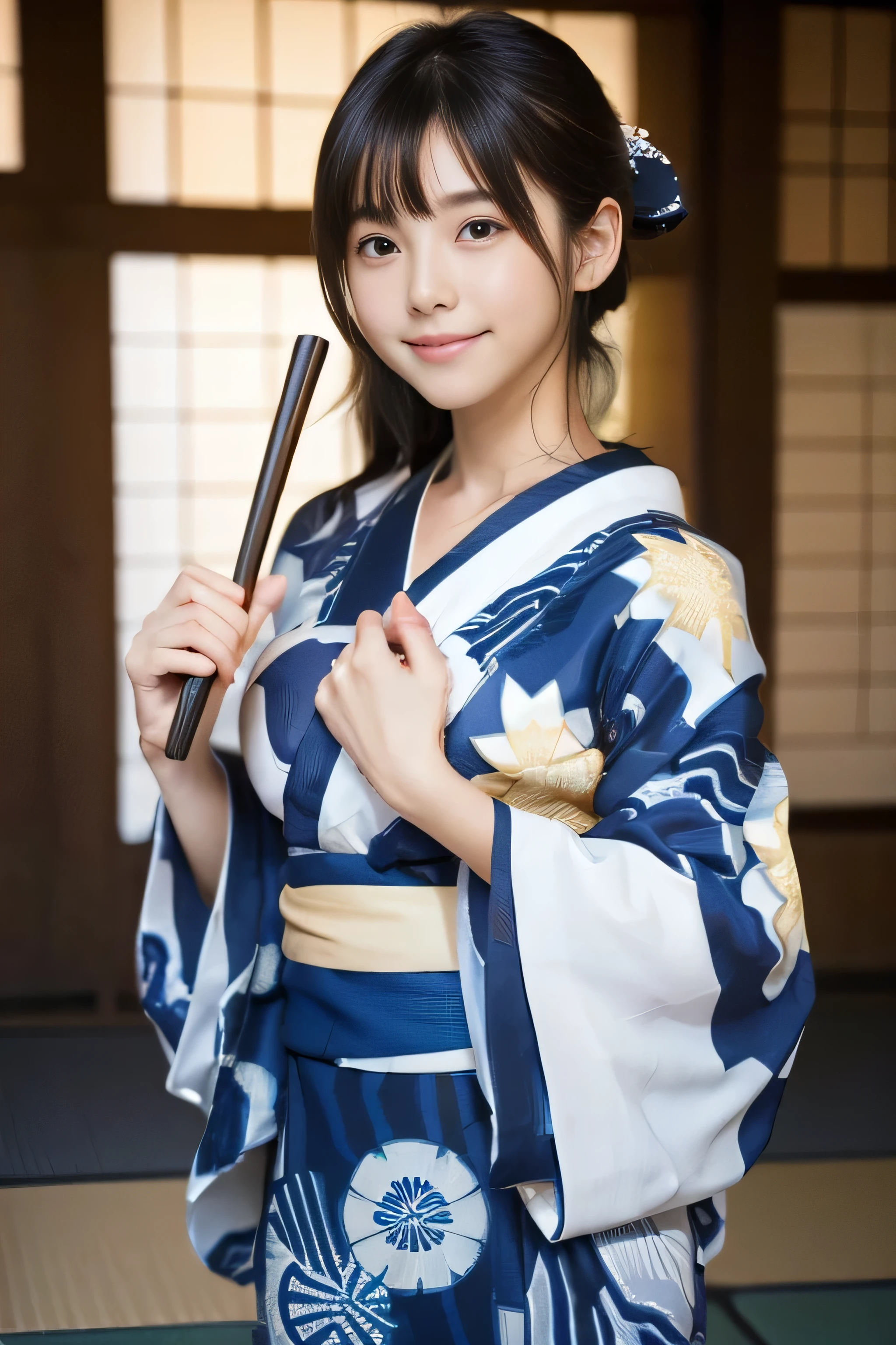 ((A thin yukata:1.4))、((14 years old))、Random Pause、(Highest quality,masterpiece:1.3,Ultra-high resolution,),(Very detailedな,Caustics),(Photorealistic:1.4,RAW shooting,)Ultra-Realistic Capture,Very detailed,High resolution 16K human skin closeup、 Natural skin texture、、Skin tone is even and healthy looking、 Use natural light and colour,1 girl,Japanese,cute,Black-haired,Medium Hair,(Big Breasts:1.4),smile,,(Written boundary depth、chromatic aberration、、Wide range of lighting、Natural Shading、)、(Kimono with open front), Holding a Japanese fan,
