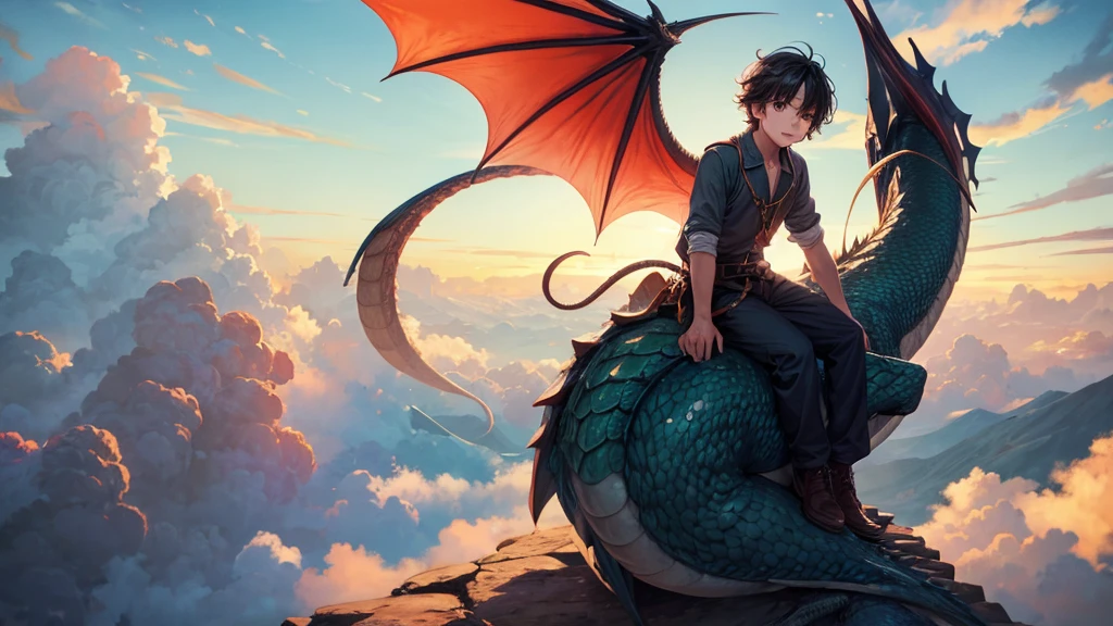 boy sitting on the back of a dragon, flying in the sky