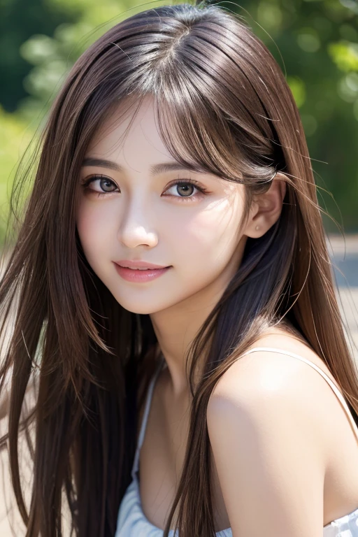  photo realistic,finely detail, hight resolution, hightquality、Perfect dynamic composition, Beautiful detailed eyes, Medium Hair, 、Natural Color Lip,Shibuya、25 years girl、1 persons、Transparent skin、Glowing hair、masutepiece, Best Quality,  looking at viewer, smile,Ultra-detailed, finely detail, hight resolution, 8K、The correct state of the human body、crouching down、Gravure Model Pose，Hair soaring in the wind