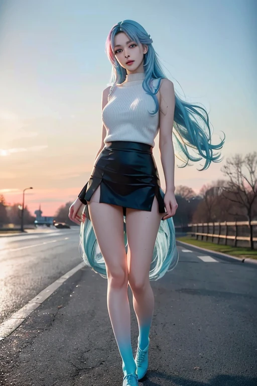 (cute russian girl running on footpath , (sleeveless sweater), micro miniskirt), (sweating:1.2), (wet), (full body:1.3) ,(1girl:1.3, solo:1.2), female focus, (white people:1.3), (pale skin:1.2), (beautiful, 21 years old:1.5),
slim, long legs, thigh highs, hairband, heart ring, central park,
perfect(face ,eyes , nose, hands , arms), detailed fingers, extremely detailed eyes and face, beautiful detailed nose, beautiful detailed eyes, K-pop idol vibes,
(RAW photo, best quality), (realistic, photo-realistic:2.0), extremely detailed, CG, unity , 8k wallpaper, Amazing, finely detail, (masterpiece:2.0, best quality), realistic, (real picture, intricate details, depth of field), soft light,
beautiful detailed girl, huge breasts, thick thighs, wide hips, small waist, tall, glossy pink lips, aqua eyes, (((long hair:1.2), (colorful gradient multi-colored sky blue hair), floating hair)), elegant ,slender figure, dynamic posture,