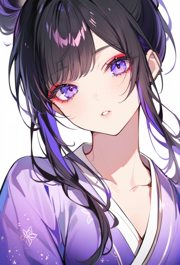1 girl,Sexy,Black long hair,High Ponytail,Hair shine,Skin details,Beautiful facial features,Exquisite makeup,Exquisite eyes,Eye details,Dark eyeshadow,small freckles,Plain Hanfu,Shoulder,arm