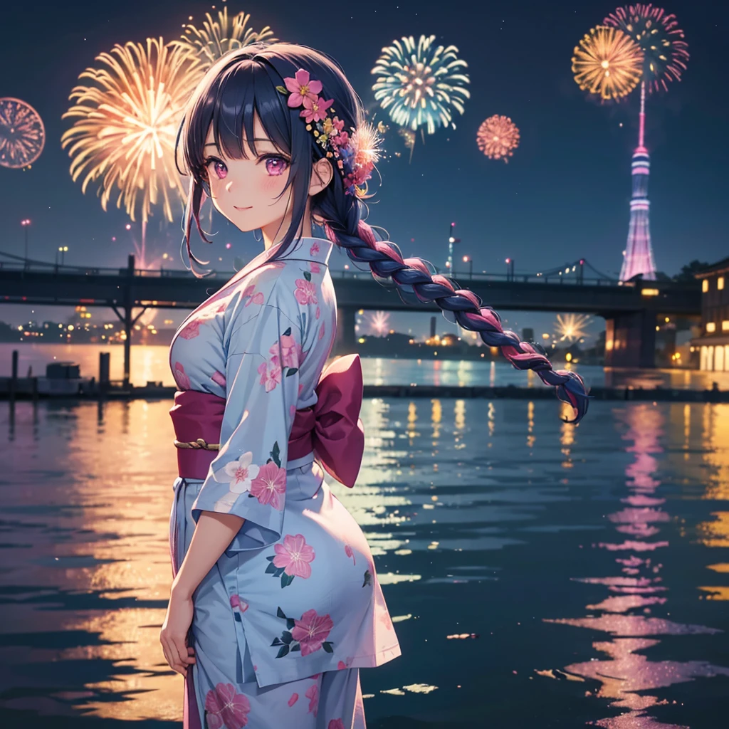 Sky Blue Medium Hair, (Braided hair),(Pink Eyes),Fair skin ,(whole body),(1 girl)、Floral Yukata、summer night、Fireworks on the lake、Big fireworks、A happy smile、Straight bangs,(masterpiece, Highest quality, Very detailed, Best Shadow), (Detailed Background), (Beautifully detailed face), High Contrast, (Best lighting, Very delicate and beautiful), ((Cinematic Light)), colorful, Hyper Detail 8k, Dramatic Light, Intricate details,Fireworks light reflected on the water
