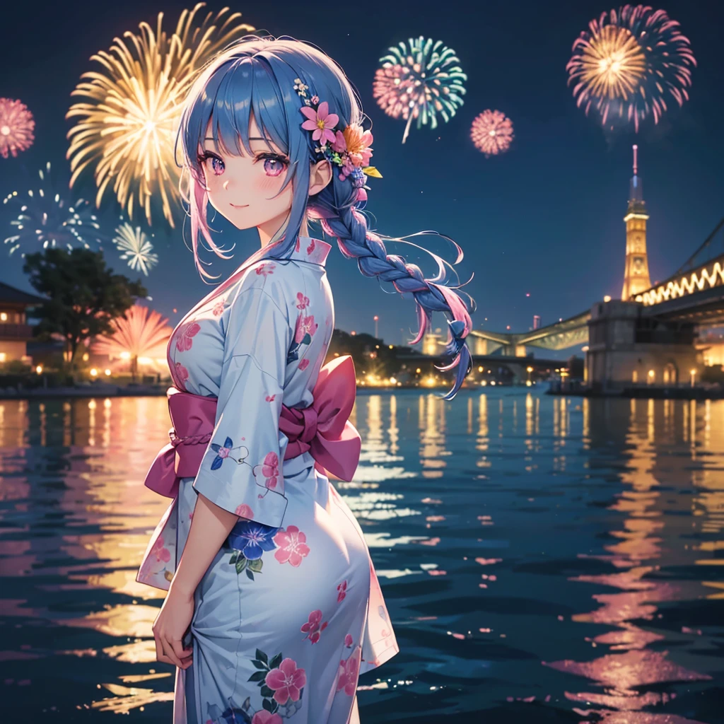 Sky Blue Medium Hair, (Braided hair),(Pink Eyes),Fair skin ,(whole body),(1 girl)、Floral Yukata、summer night、Fireworks on the lake、Big fireworks、A happy smile、Straight bangs,(masterpiece, Highest quality, Very detailed, Best Shadow), (Detailed Background), (Beautifully detailed face), High Contrast, (Best lighting, Very delicate and beautiful), ((Cinematic Light)), colorful, Hyper Detail 8k, Dramatic Light, Intricate details,Fireworks light reflected on the water