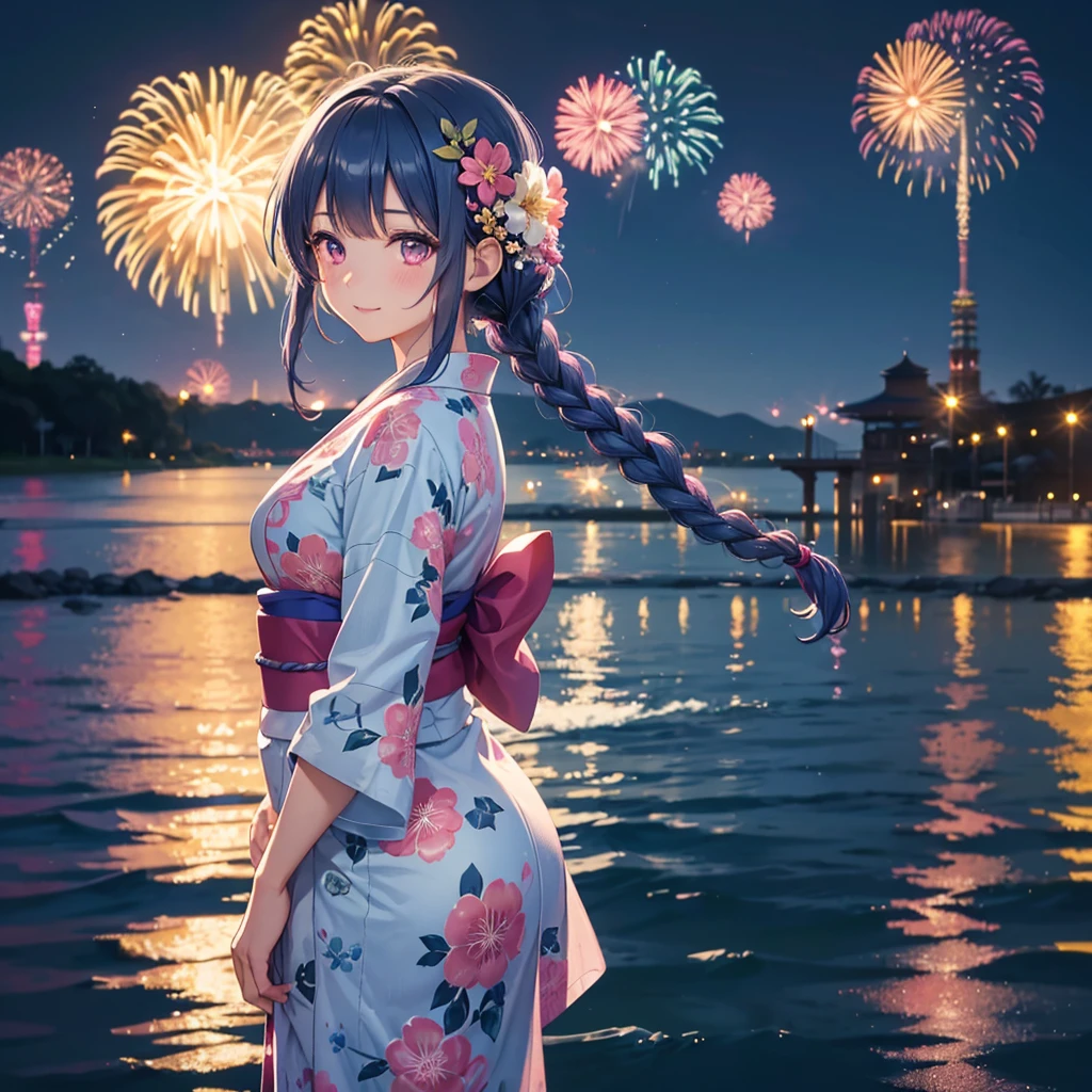 Sky Blue Medium Hair, (Braided hair),(Pink Eyes),Fair skin ,(whole body),(1 girl)、Floral Yukata、summer night、Fireworks on the lake、Big fireworks、A happy smile、Straight bangs,(masterpiece, Highest quality, Very detailed, Best Shadow), (Detailed Background), (Beautifully detailed face), High Contrast, (Best lighting, Very delicate and beautiful), ((Cinematic Light)), colorful, Hyper Detail 8k, Dramatic Light, Intricate details,Fireworks light reflected on the water