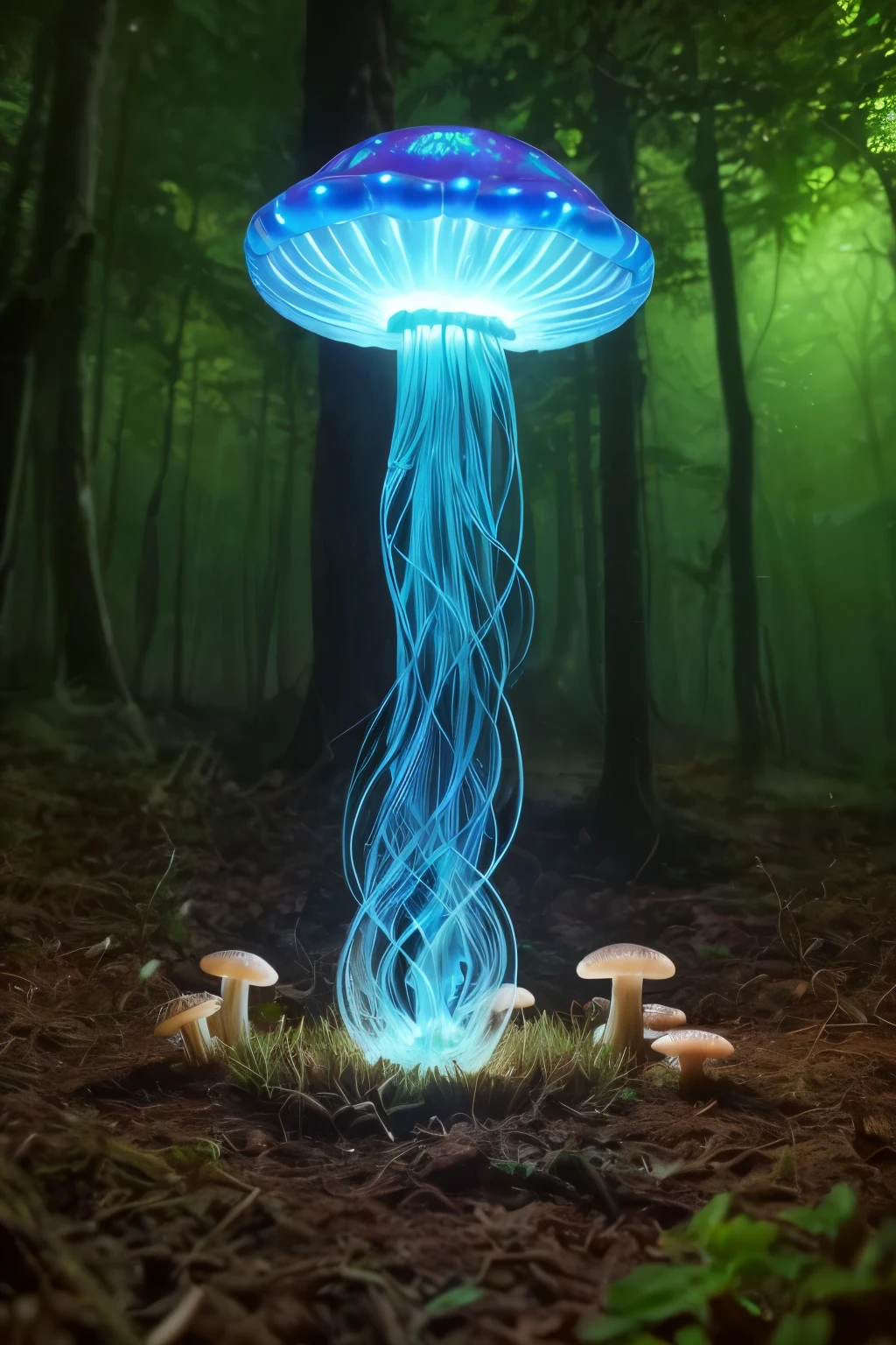lots of small jellyfish forest with mushrooms glowing in the dark, a forest fantasy in a nature scenery, lots of small jellyfish