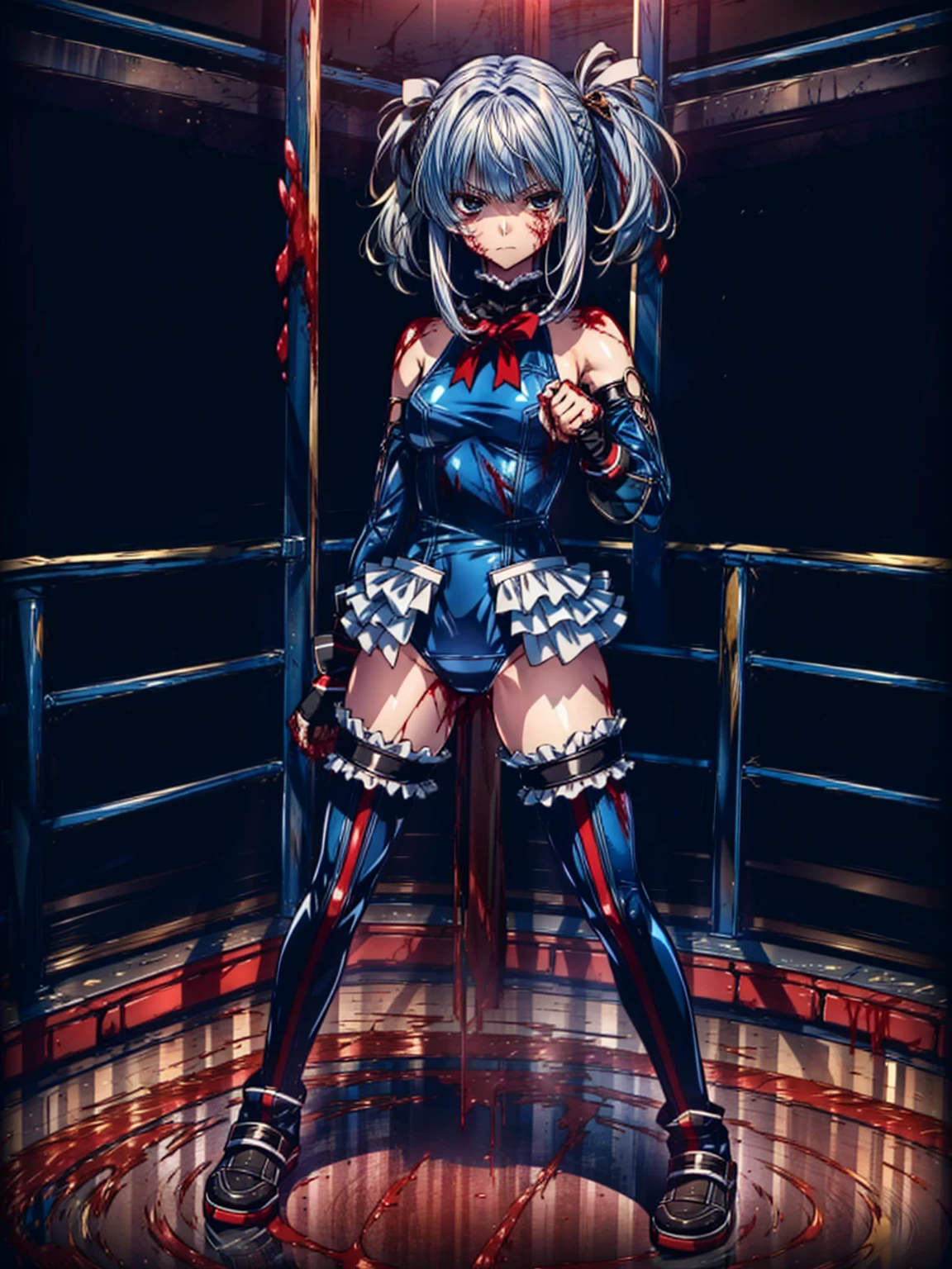 Masterpiece, Very detailed, Highest quality, Sharp focus, 12k, ultra hi resolution picture, big ,12k,Perfect Anatomy, Highest quality,,(Emotionless:1.4)
,Anime Style,(frilled swimsuit,thighhighs,detached sleeves), (Anime Style:1.6) ,
,(White fingers:1.4,Black gloves:1.2),
(Bloody Fighting Arena:1.5),,(full body:1.3),(1 :1.4),(Blood-stained interior)