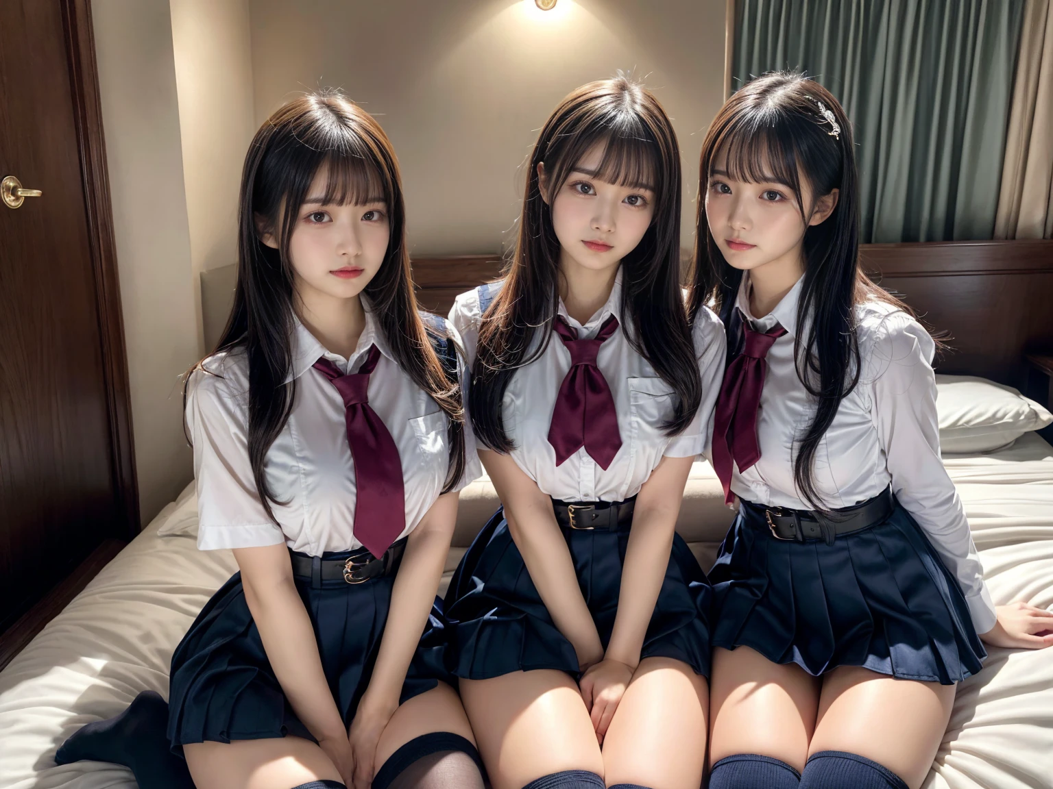 (8K, Raw photography, top-quality, masterpiece:1.2), master piece, best quality, illustration, Super detailed, fine details, High resolution, 8K,wall paper, perfect dynamic composition,(Details High quality, realistic depiction of eyes:1.3), ((2 girls, 2 girls)), The background is a luxury hotel room、High school girl uniform、Super Short Check Uniform Skirt、Navy blue high socks、garterbelts、Colossal tits、Disturbed uniform, Play with each other,Touching each other's bodies,Touching the body of the girl next door, short bob hair, black hair color, huge breasts, Big Natural Color Lip, bold sexy pose, (perfect body shape), crying a little、cold gaze, Beautiful makeup,glitter makeup,Cutest 18 years old, beautiful legs, hposing Gravure Idol, Voluptuous thighs