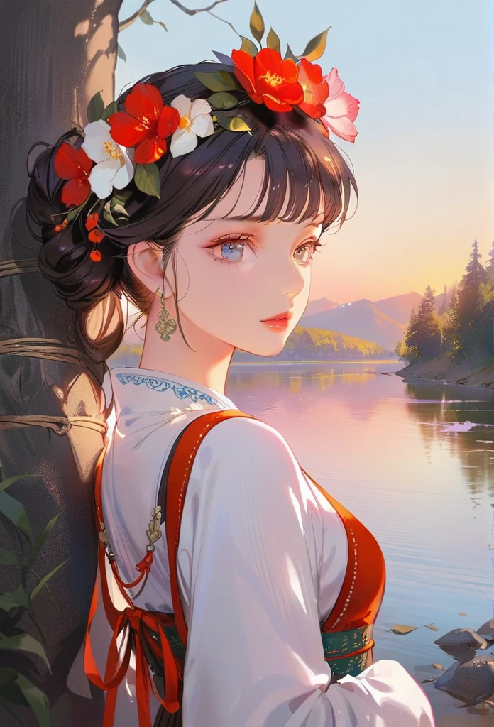 20-year-old woman in Ukrainian clothing,Wearing a flower crown on his head,blue eyes,Background with river and blue sky,Light afternoon sunset,Realistic illustrations