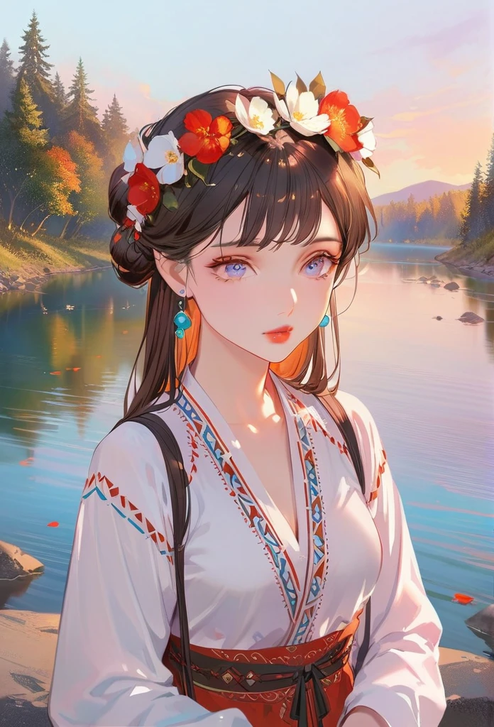 20-year-old woman in Ukrainian clothing,Wearing a flower crown on his head,blue eyes,Background with river and blue sky,Light afternoon sunset,Realistic illustrations