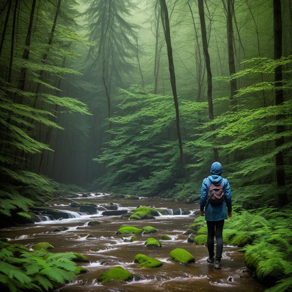 Ink style，Girl back，In the quiet forest，Creek next to it，Foggy