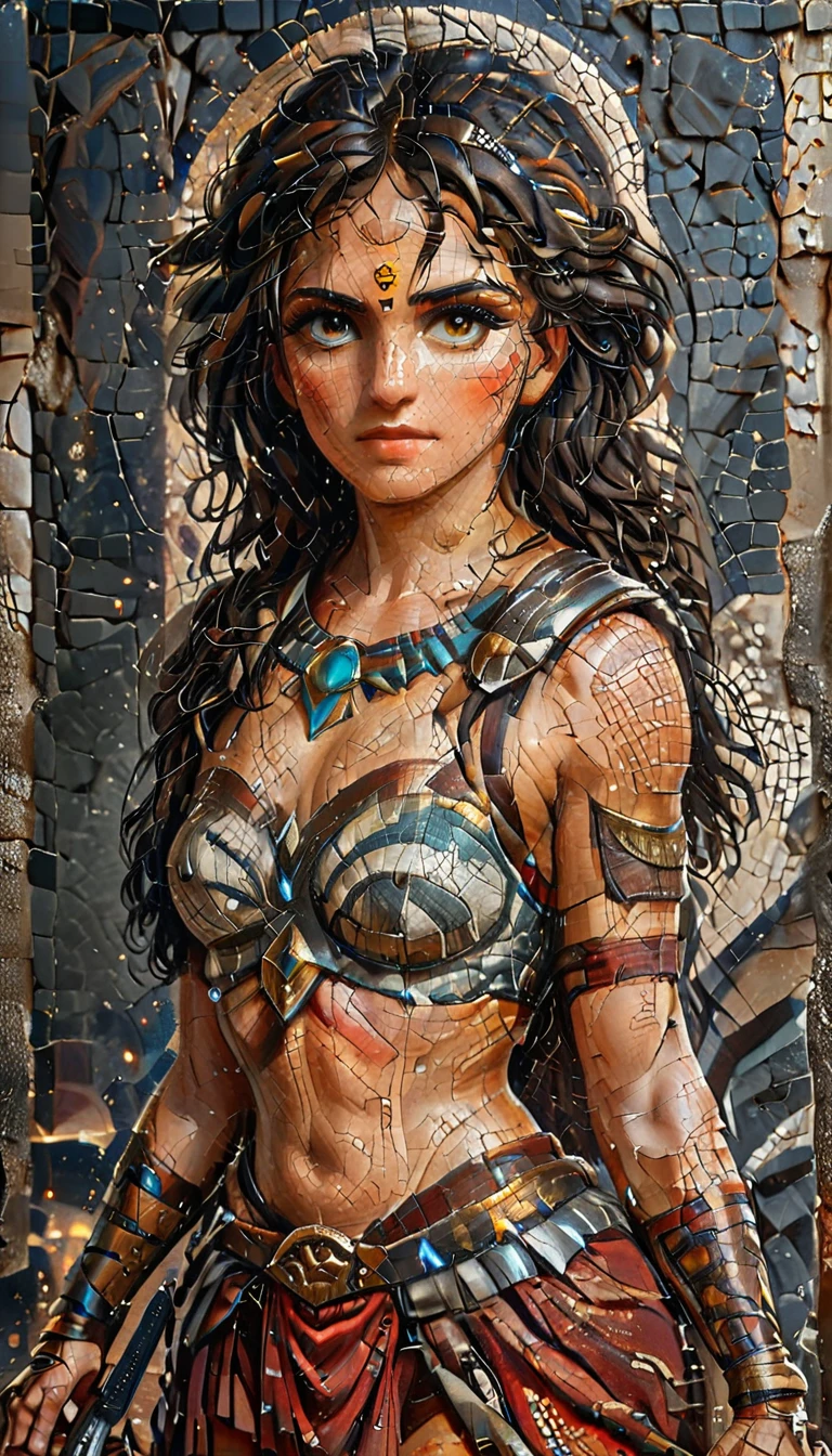 ancient Greek mosaic art of an amazon warrior, beautiful amazon warrior holding a sword, ready for battle, ((full body shot: 1.5)), ((anatomically correct: 1.5)) (ultra detailed face: 1.4), dynamic skin complexion, dynamic hair style, dynamic hair color, she is wearing ancient Greek armor, armed with a Greek short sword, dynamic background, vibrant, Ultra-high resolution, High Contrast, (masterpiece:1.5), highest quality, Best aesthetics), best details, best quality, highres, 16k, [ultra detailed], masterpiece, best quality, (extremely detailed) RAW, fantasy art, dnd art, fantasy art, realistic art, (ultra details, Masterpiece, best quality), Intense gaze, flash