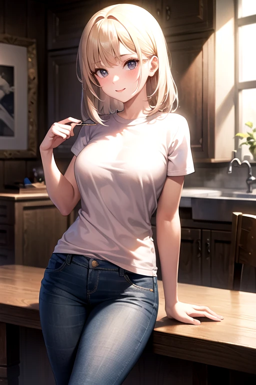((best qualityer)), ((work of art)), (detailded), 1 girl, pink outfit, denim trousers, blonde or white hair