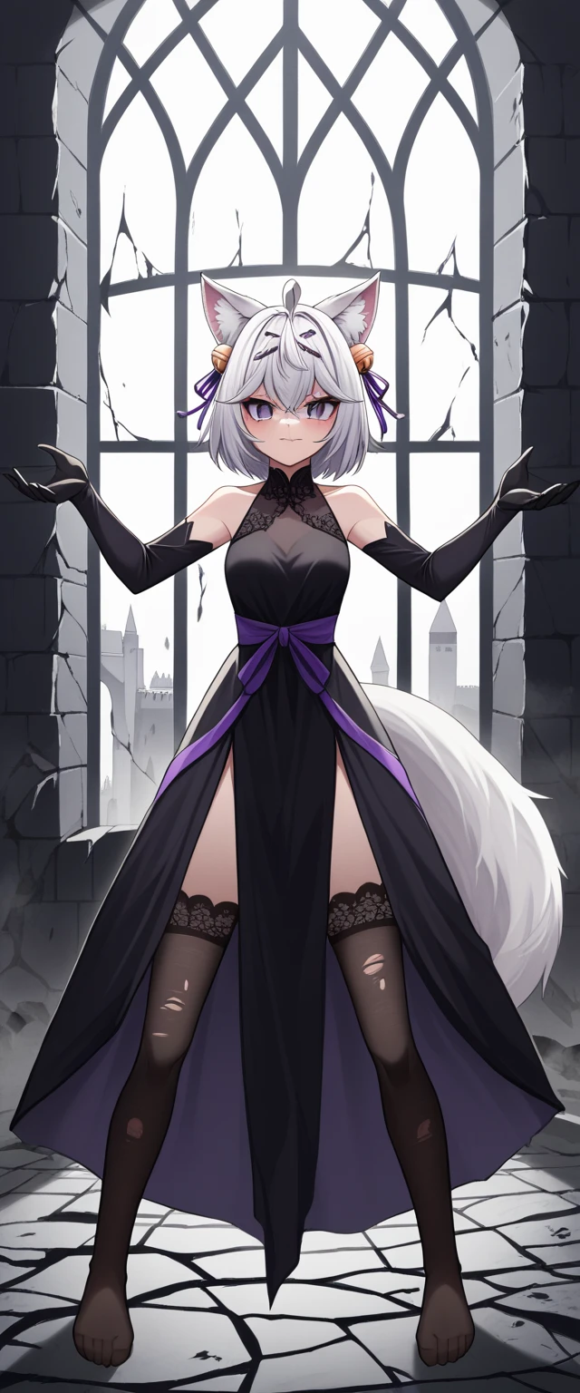 UHD, masterpiece, best quality, ((Night)), ((castle ruins)), ((battlefield)), ((destroyed empty throne)), ((destroyed walls)), broken glass, broken window, messy background, scary background, dramatic lighting, moody atmosphere, scary atmosphere, 1girl, solo, ((pageant pose)), conservative pose, black gown with purple ribbon, high lit dress with purple lining design, very elegant dress, Filian, ((fox tail)), ((small cat ears)), white hair, short hair, long hair ponytail, ahoge, hairclip, hair bell, big round eyes, deep purple eyes, ((dark purple eyes)), blush, closed mouth, seductive smile, black lace arm sleeve, black gloves, arms down, ((black lace stockings)), Eye-Level Shot, full body pose, elegant pose, front view