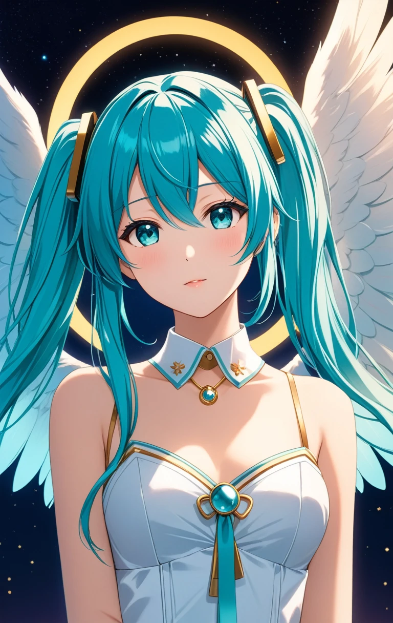 Create a work of art of exceptional quality, featuring Hatsune Miku as an angel. She should be dressed in an elegant white gown and have ethereal angel wings and a glowing golden halo. The background should be dark to contrast with Miku’s illuminated figure, creating a nocturnal atmosphere with a blue theme. Hatsune Miku should be depicted from the torso up, with her mouth closed and looking directly at the viewer, conveying a serene and contemplative expression. Her arms should be positioned behind her back, adding a touch of humility and grace to her posture. The image should be stunning, with incredible quality, with a focus on fine detail and cinematic lighting, in 8K HD. Ensure that every aspect is meticulously detailed (1.2), from her intricately drawn face (1.2) to the vibrant gradients and hues that bring your character to life in the scene. Her eyes, full of depth and detail (1.2), should draw the viewer in, against a richly detailed background and landscape. Employ a dynamic angle (1.2) and pose (1.2), adhering to the rule of thirds (1.3), and incorporating a strong line of action (1.2) for a compelling composition.