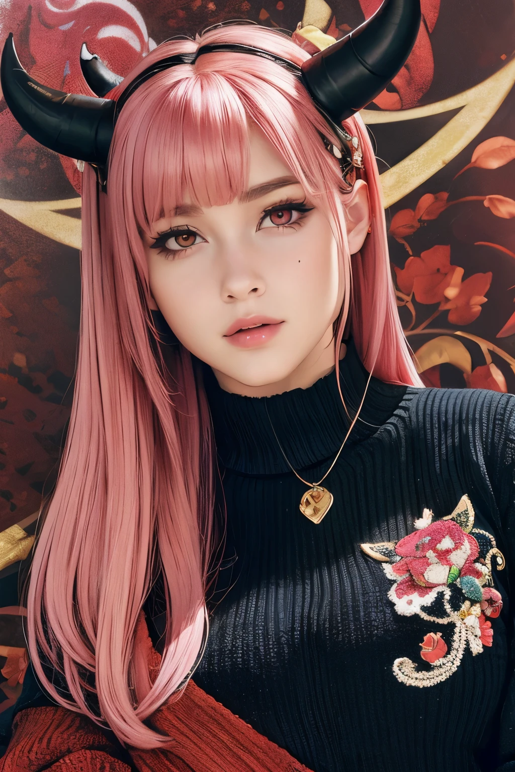 (masterpiece, best quality, cute detailed wallpaper), (high resolution, very detailed, beautiful), (masterpiece, best quality), The picture is detailed, many decorations, upper body, from above, a woman 18 years old, shining red eyes, pink hair, (, 2 tone mesh hair)
black sweater with open chest, black choker on thigh, two horns, Devil's Tail, devil costume